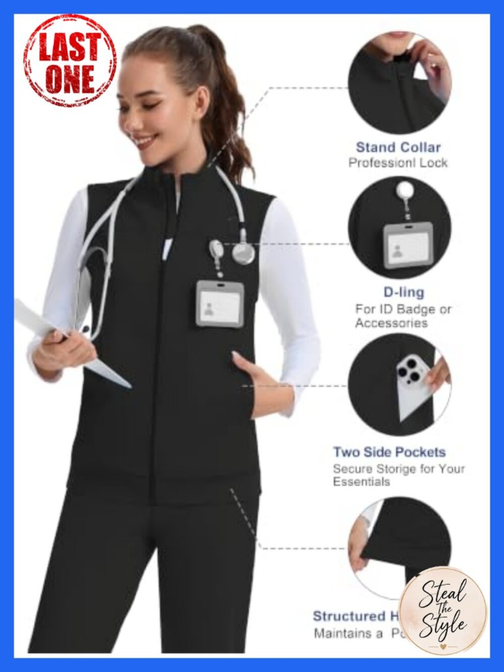 Women's Lightweight Stretch Stand Collar Scrub Vest - Picture 3 of 6